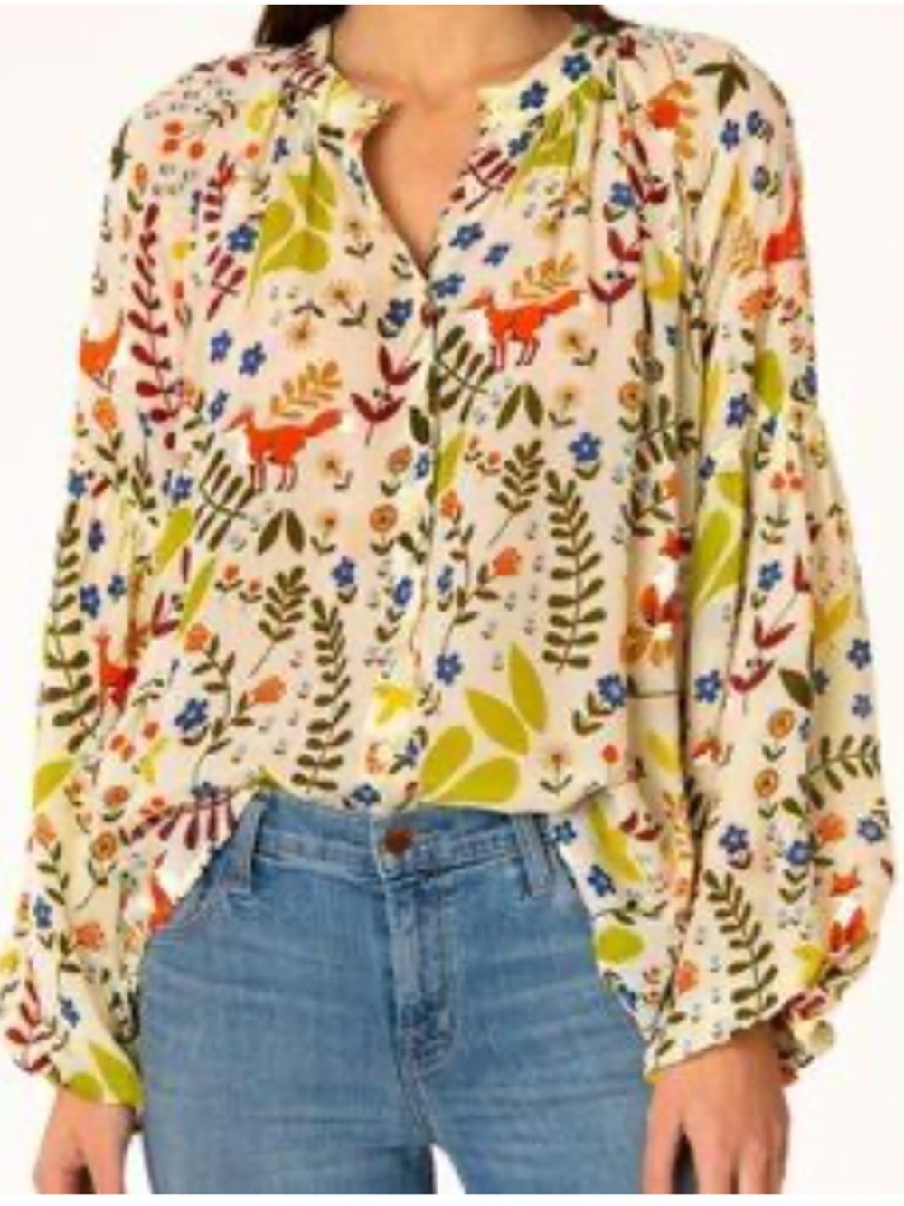Olivia James Emory Blouse Almond Foxes Peasant Mandarin Collar Top Small - Picture 8 of 8